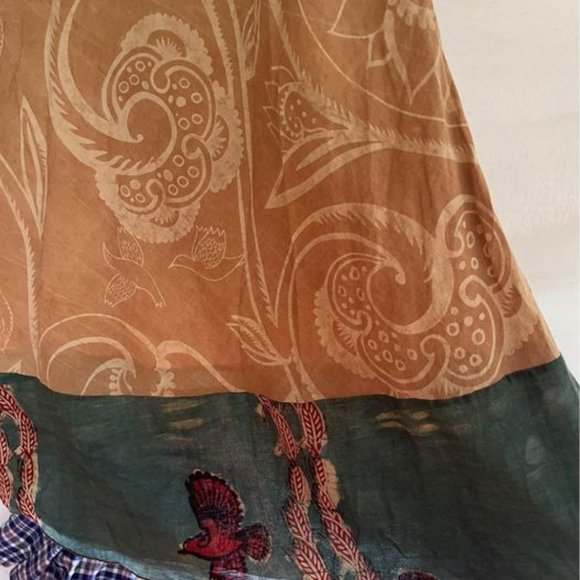 Indian block print hand dyed tan and blue bird motif tunic dress, size small - Picture 6 of 7